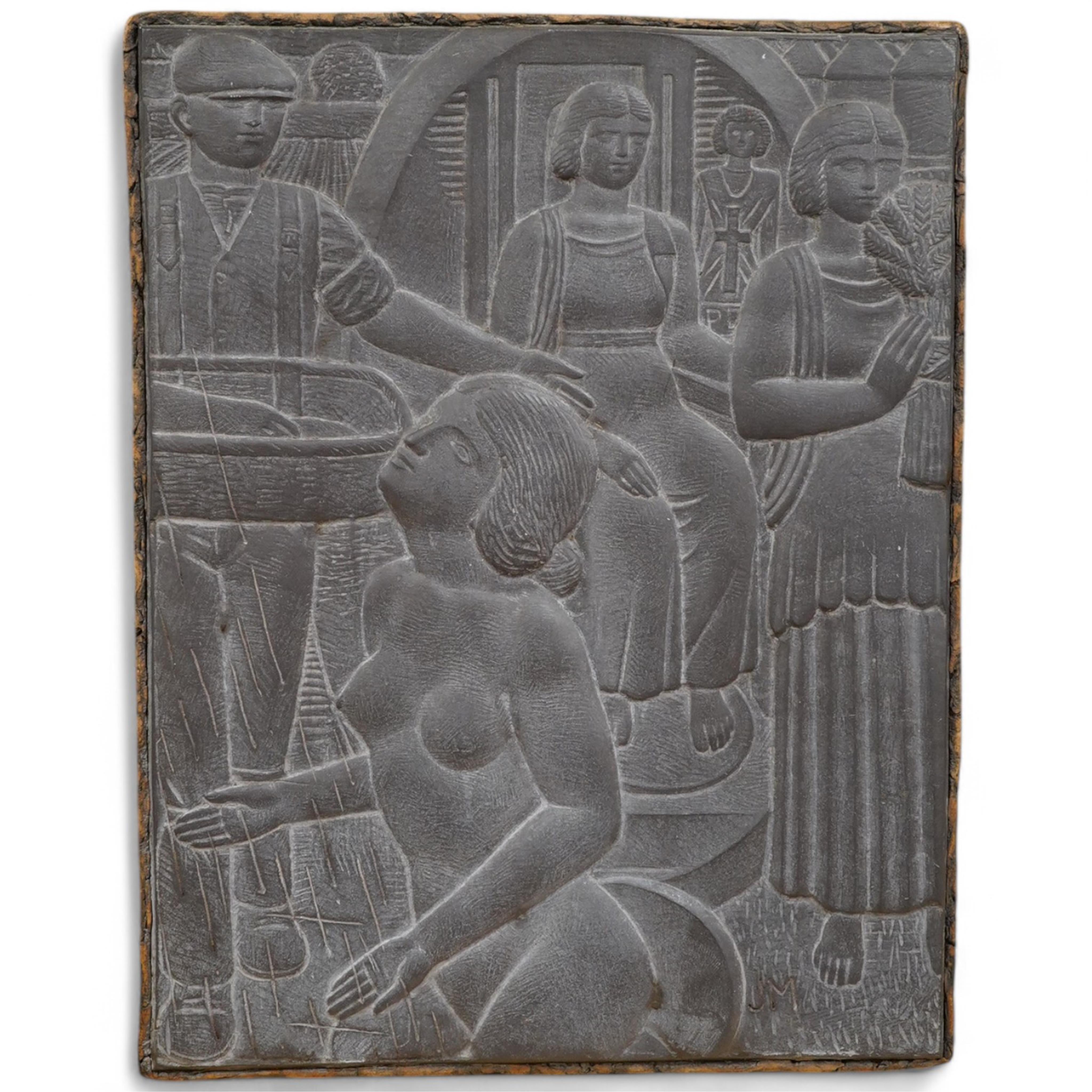 John McKenzie (1897-1972), relief carved slate plaque, ‘Seedtime and Harvest, initialled, inscribed verso, 20 x 16cm. Condition - good